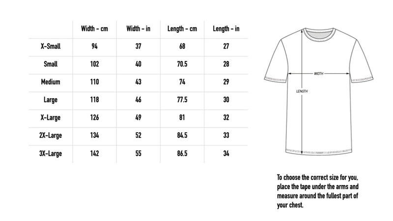 Size chart for Varsity Tee - Faded White