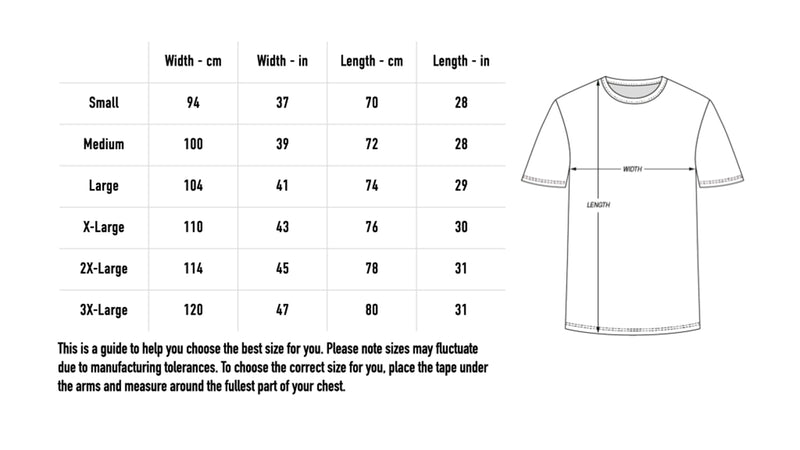 Size chart for Custom Zenith Football Shirt
