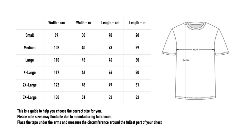 Size chart for Pure Scottish Metal Stonewash Tee